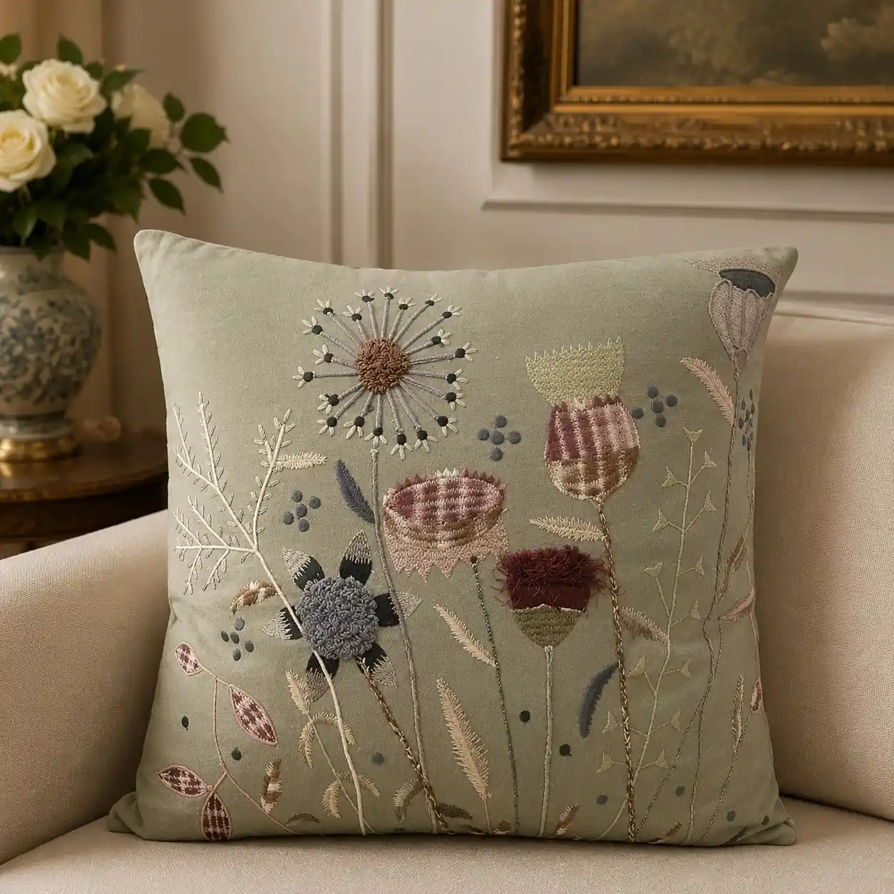 Premium Cotton Duck Embroidered Cushion W/ Filler: Set of 2