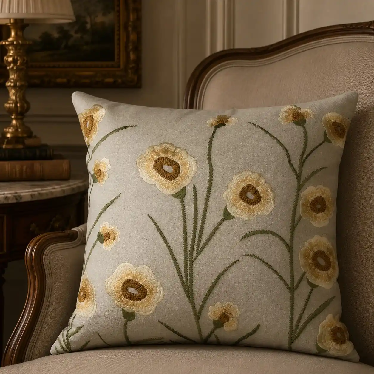Premium Embroidered Floral Beige Base Cushion W/ Filler: Set of 2