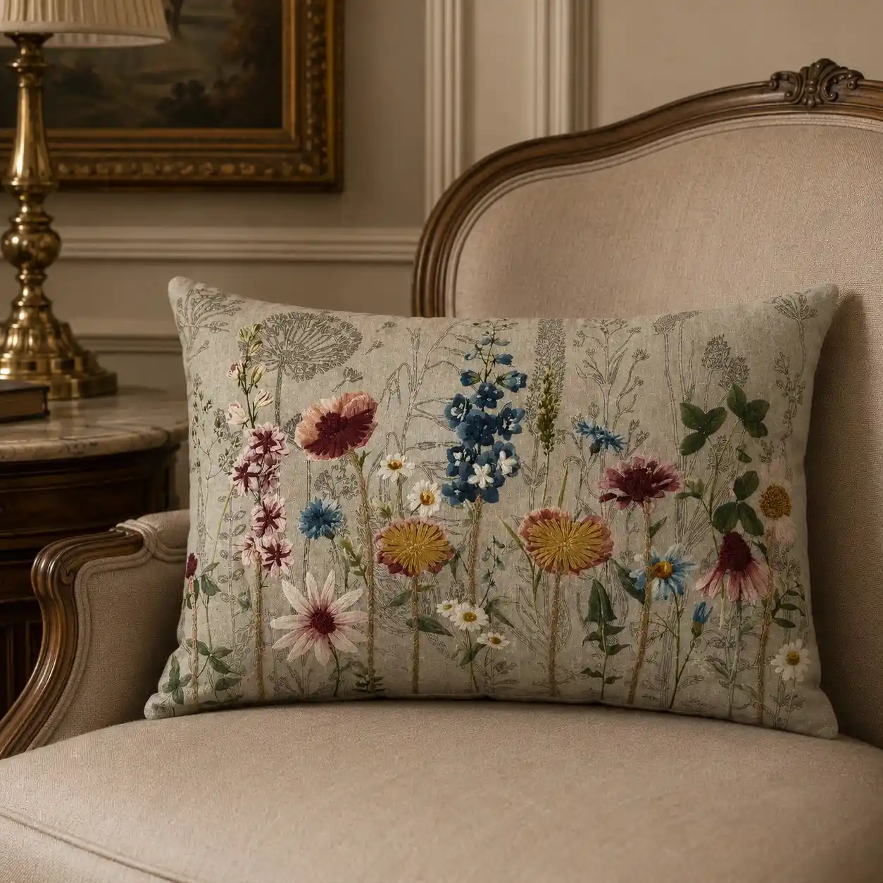 Premium Embroidered Floral Beige Base Cushion W/ Filler: Set of 2, Rectangular