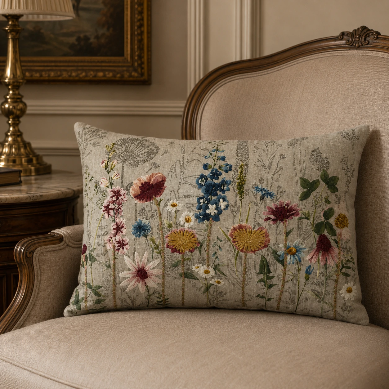 Premium Embroidered Floral Beige Base Cushion W/ Filler: Set of 2, Rectangular
