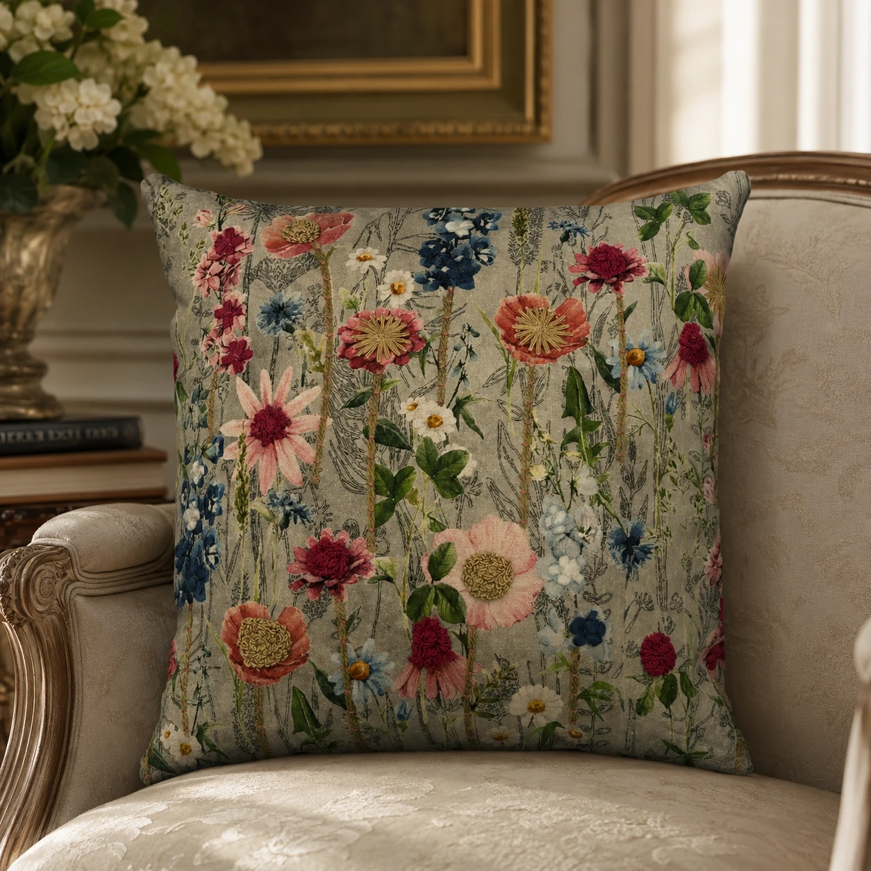 Premium Embroidered Multicolor Floral Cushion W/ Filler: Set of 2