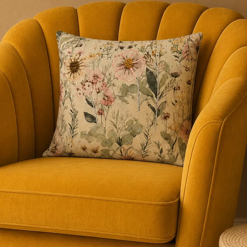 Premium Handcrafted Boho Botanical Embroidered Floral Cushion W/ Filler: Set of 2, Cotton Back with Hidden Zip