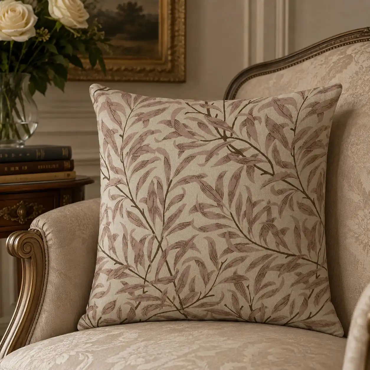 Premium Leaf Pattern Cushion W/ Filler: Set of 2, Beige & Brown, Best Elegant Sofa Decor