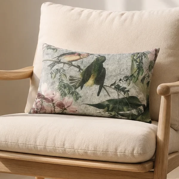 Premium Multicolor Bird and Floral Print Cotton Velvet Cushion W/ Filler: Set of 2