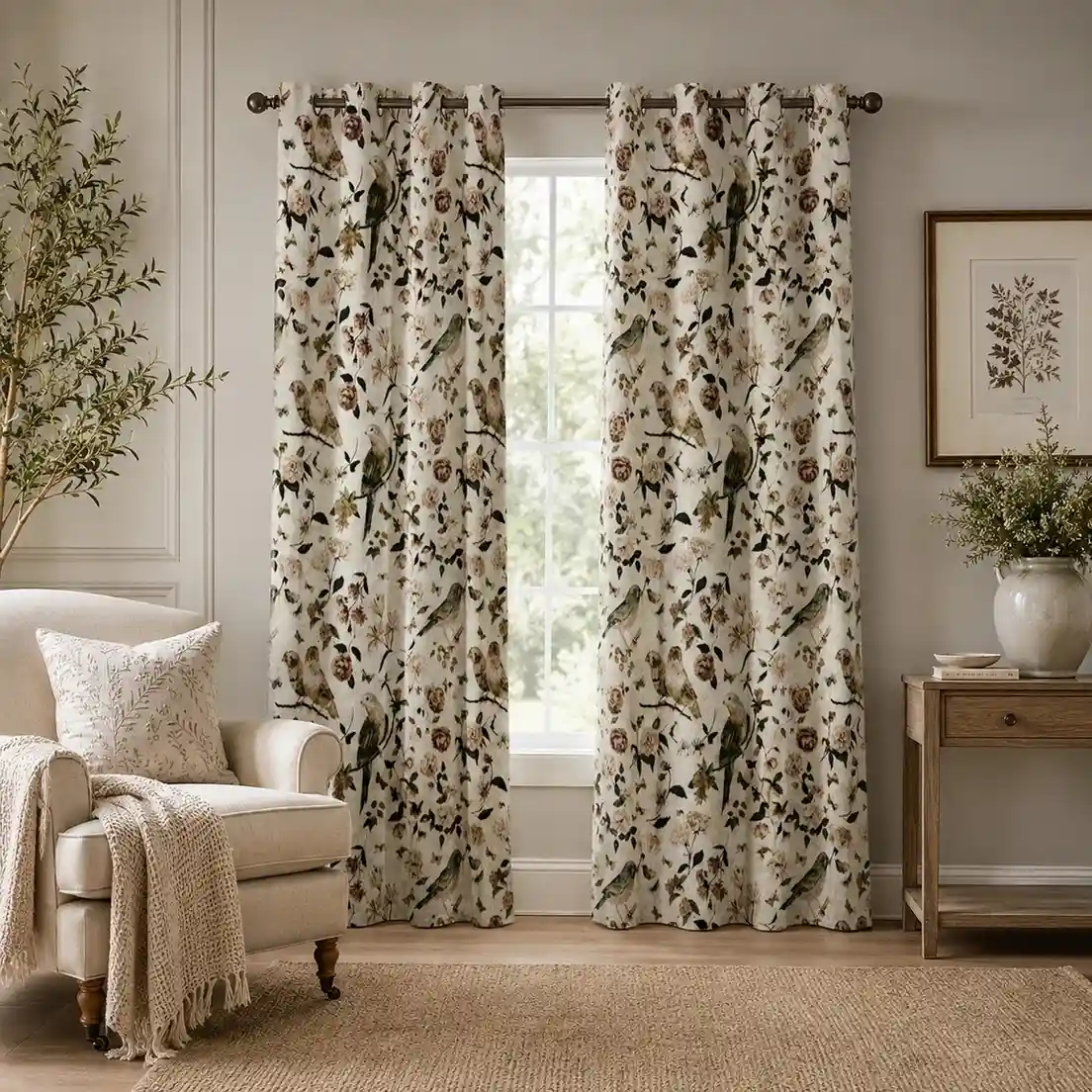 Product Title Vintage Bird print with Floral curtain Home Decor