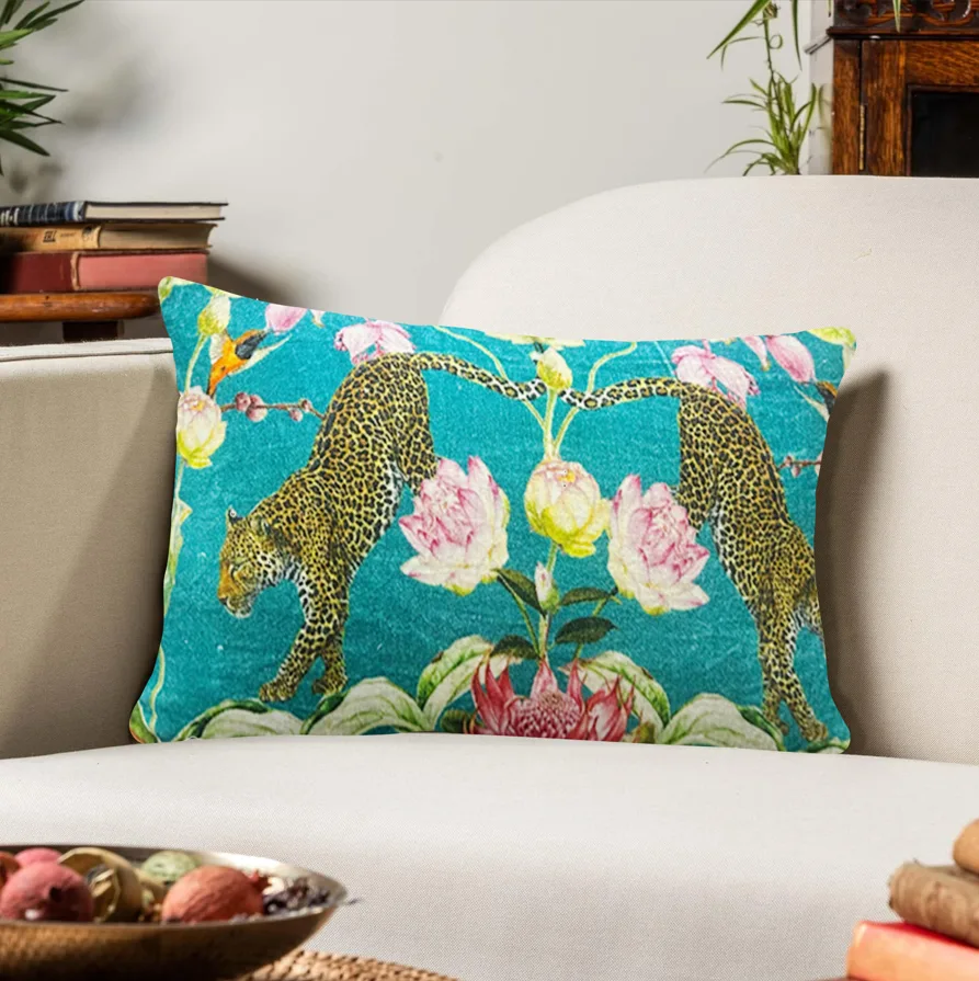 Velvet Leopard and Floral Print Cushion W/ Filler: Set of 2 (12 x 20 Inch), Teal Green Decorative Pillow