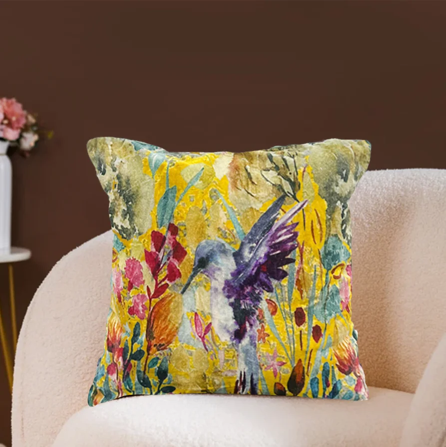 Velvet Hummingbird Cushion W/ Filler: Set of 2 (18 x 18 Inch), Colorful Floral Throw Pillow for Living Room & Bedroom.