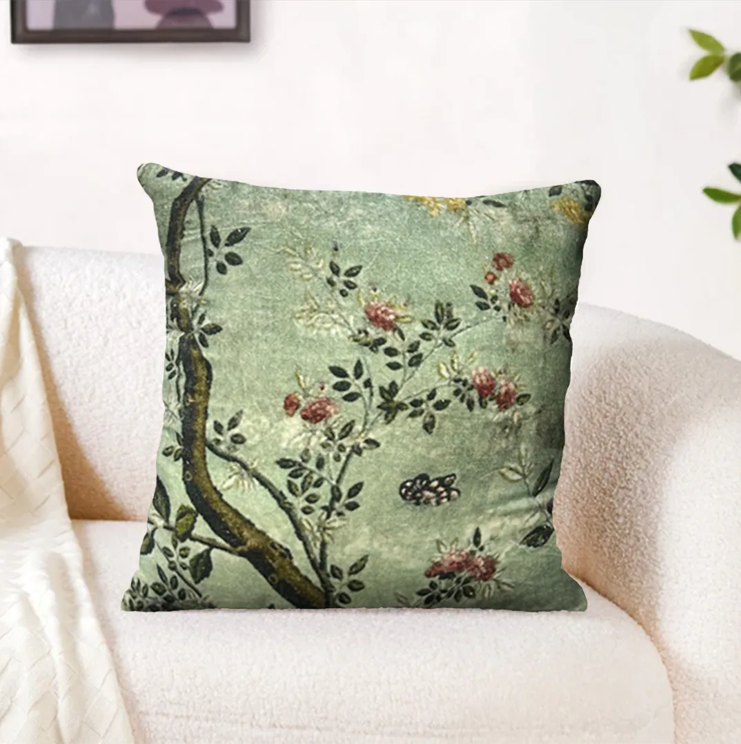 Velvet Botanical Butterfly Cushion W/ Filler: Set of 2 (18 x 18 Inch), Soft Green Floral Throw Pillow for Vintage Décor