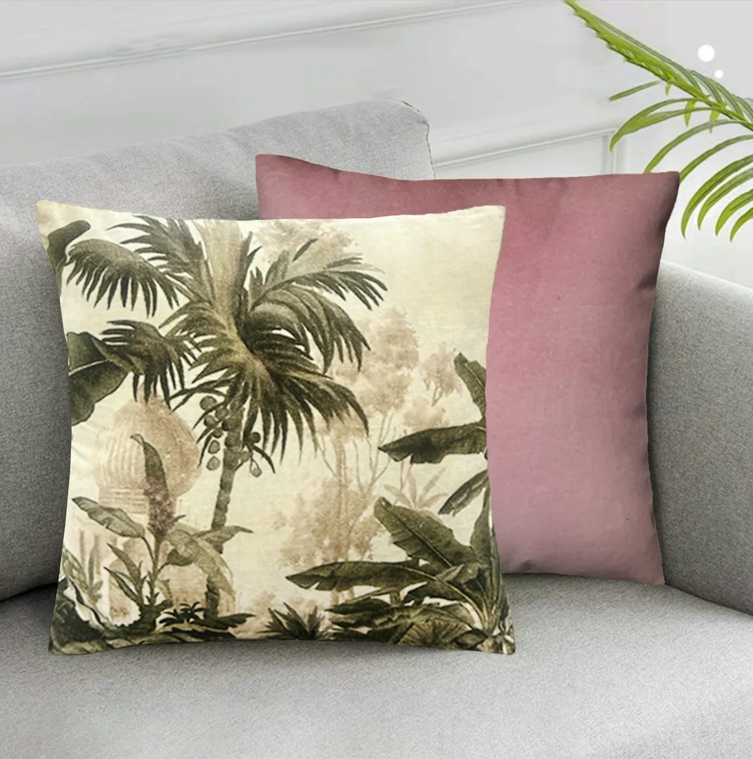Velvet Vintage Tropical Jungle Print Cushion W/ Filler: Set of 2 (18 x 18 Inch), Monochrome Nature-Inspired Pillow