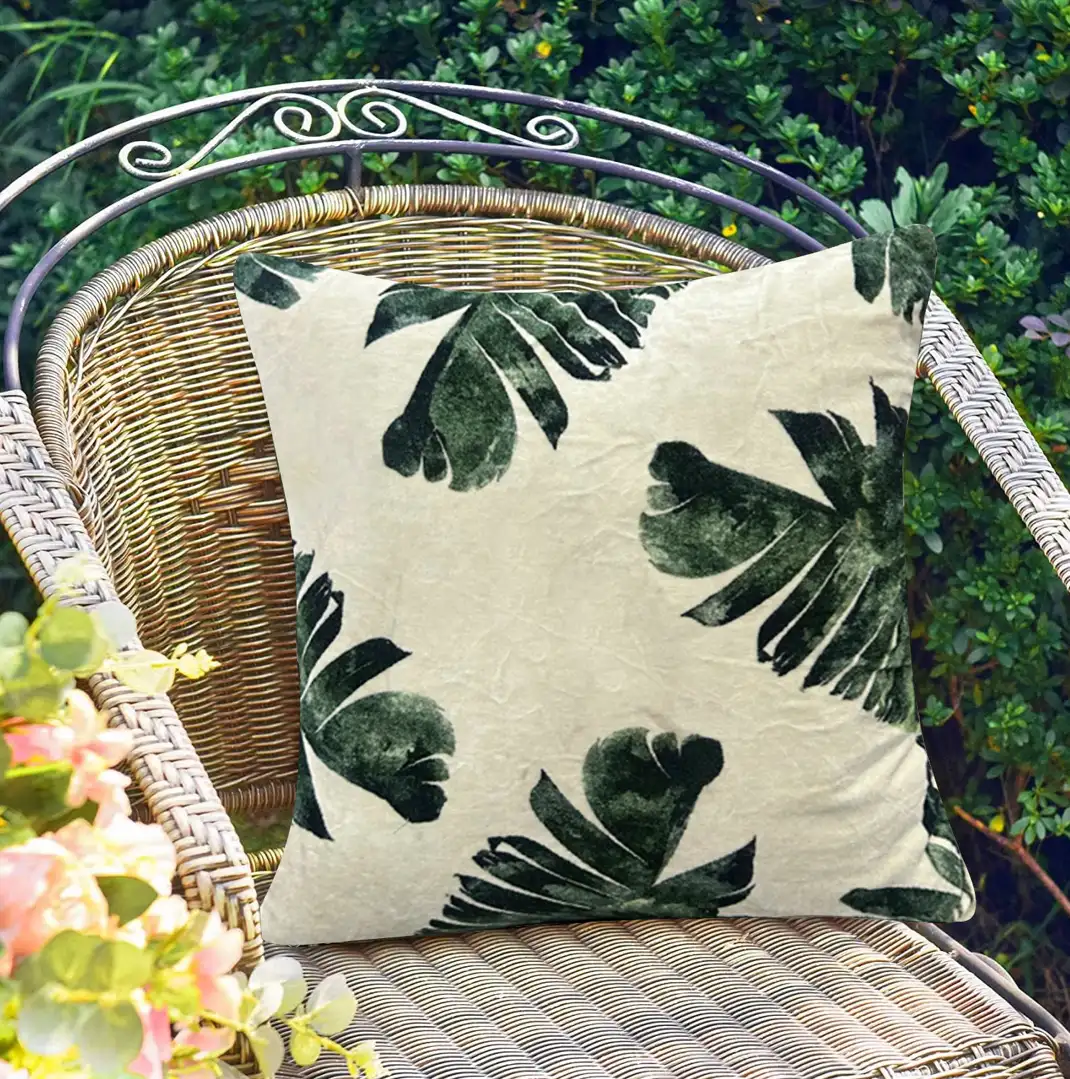 Velvet Dark Green Tropical Leaf Prints Cushion W/ Filler: Set of 2 (18 x 18 inch), Square Decorative Pillow for sofa couch & bed.