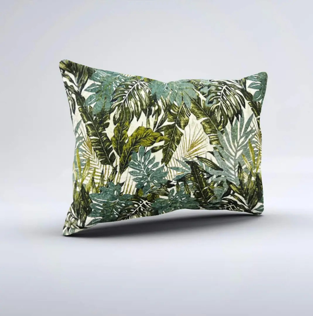 Tropical Leaf Print Velvet cushion W/ Filler: Set of 2 (12 x 20 inch), Soft and Reversible Decorative Pillow