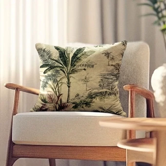 Tropical Forest Print Velvet Cushion W/ Filler: Set of 2, Vintage Palm Tree Design