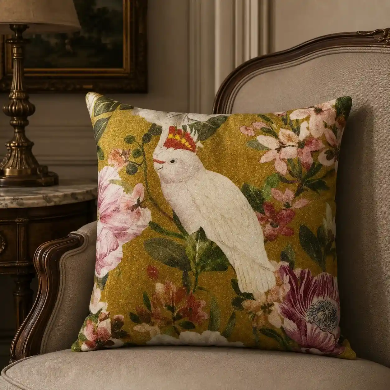 Velvet Bird & Floral Print Cushion W/ Filler: Set of 2