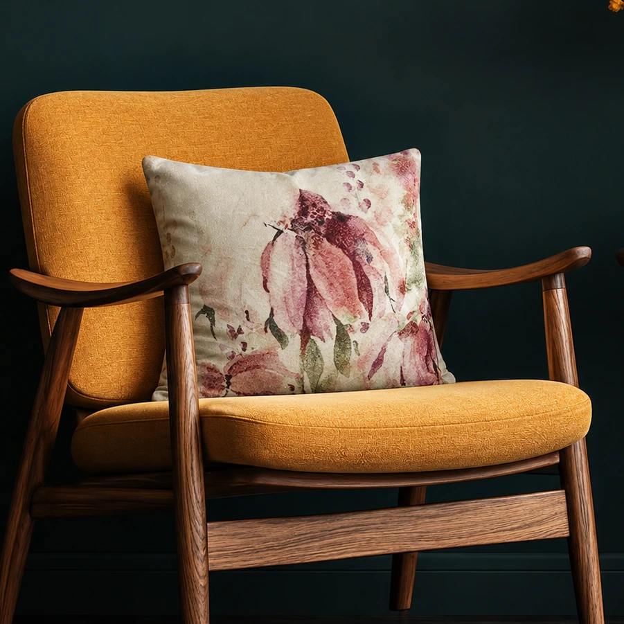 Velvet Blush Pink Watercolor Floral Print Cushion W/ Filler: Set of 2 Soft and Elegant Pillow