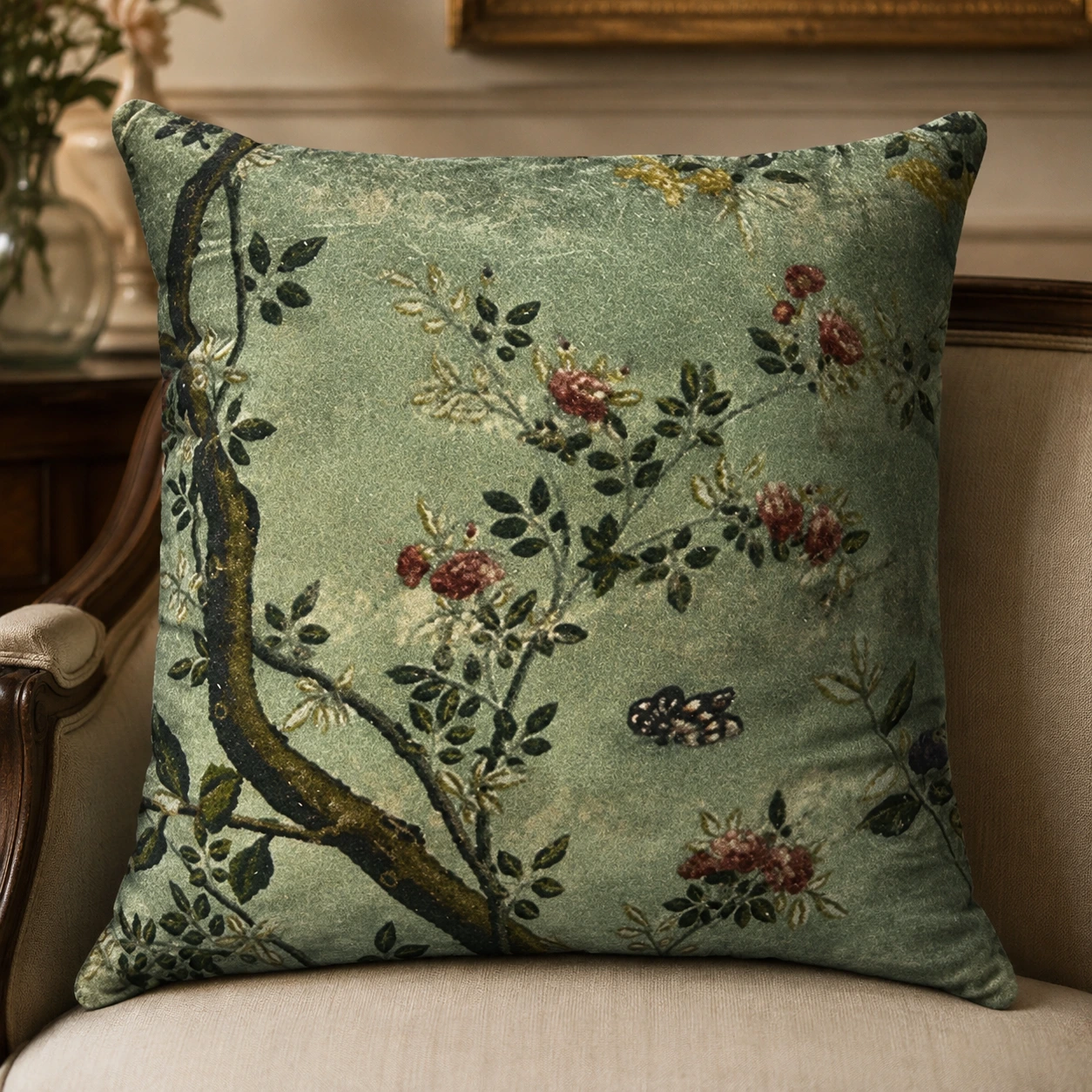 Velvet Botanical Butterfly Cushion W/ Filler: Set of 2, Soft Green Floral Throw Pillow for Vintage Décor