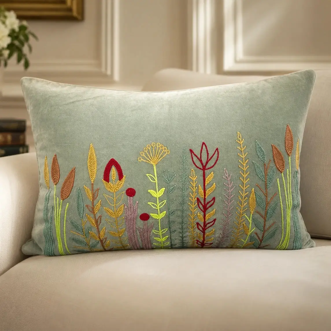 Velvet Colorful Embroidered Floral Motifs Cushion W/ Filler: Set of 2, Botanical Accent Cushion