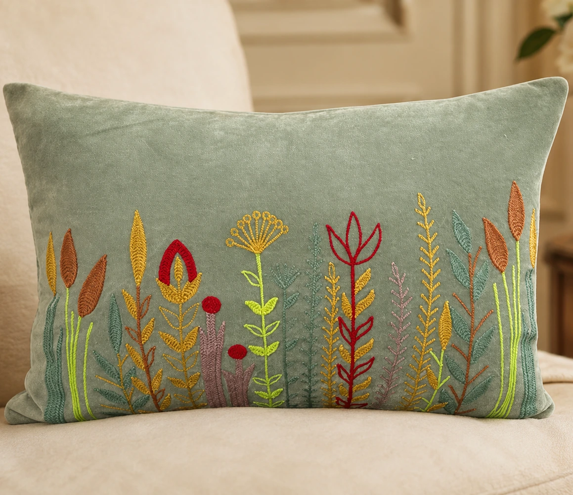 Velvet Colorful Embroidered Floral Motifs Cushion W/ Filler: Set of 2, Botanical Accent Cushion