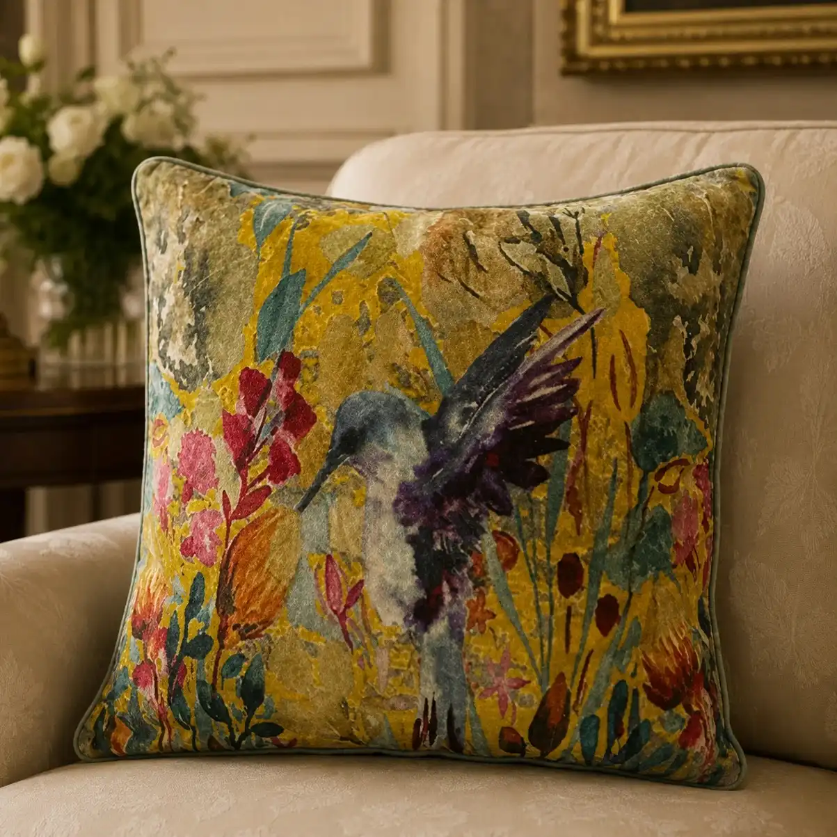 Velvet Hummingbird Cushion W/ Filler: Set of 2, Colorful Floral Throw Pillow for Living Room & Bedroom.