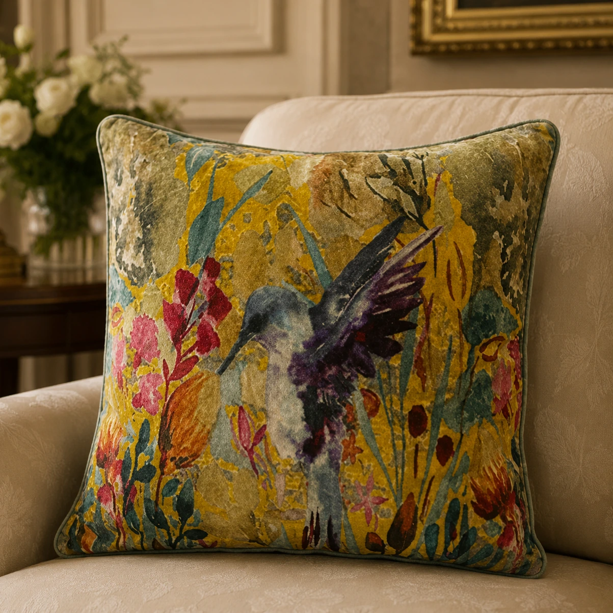 Velvet Hummingbird Cushion W/ Filler: Set of 2, Colorful Floral Throw Pillow for Living Room & Bedroom.
