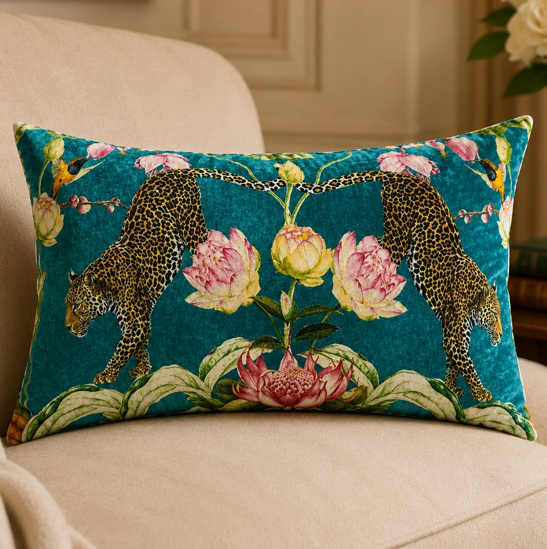 Velvet Leopard and Floral Print Cushion W/ Filler: Set of 2, Teal Green Decorative Pillow