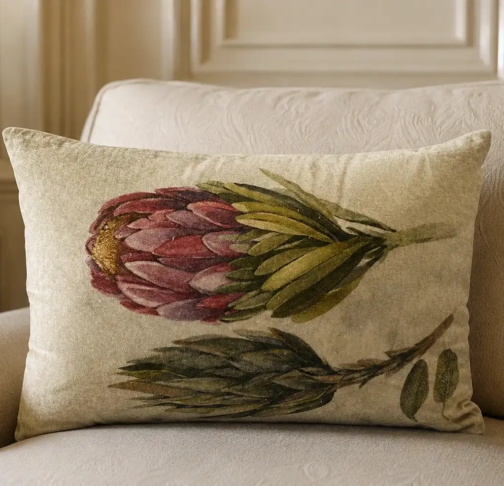 Velvet Vintage Protea Flower Print Cushion W/ Filler: Set of 2, Botanical Decorative Cushion