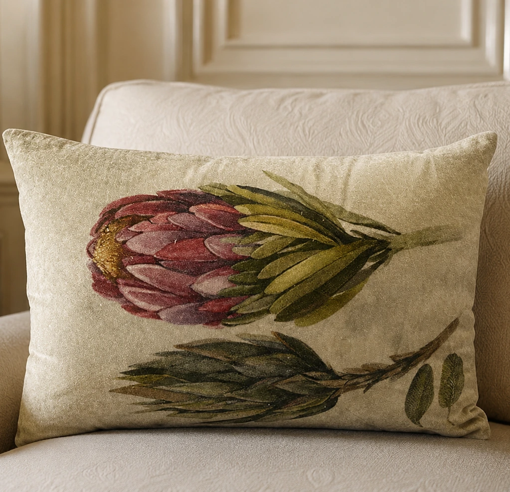 Velvet Vintage Protea Flower Print Cushion W/ Filler: Set of 2 (16 x 24 Inch), Botanical Decorative Pillow