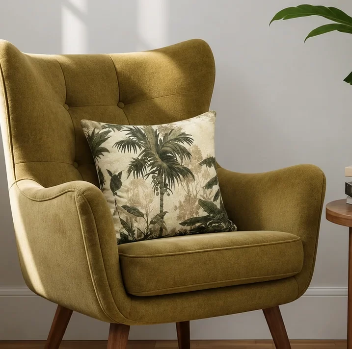 Velvet Vintage Tropical Jungle Print Cushion W/ Filler: Set of 2, Monochrome Nature-Inspired Pillow