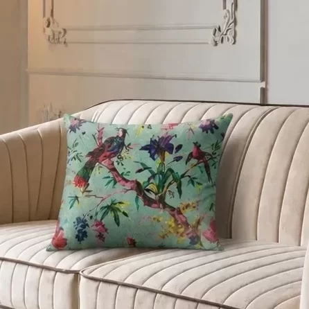 Vintage bird & floral printed velvet cushion W/ Filler: Set of 2, Soft green dual side design