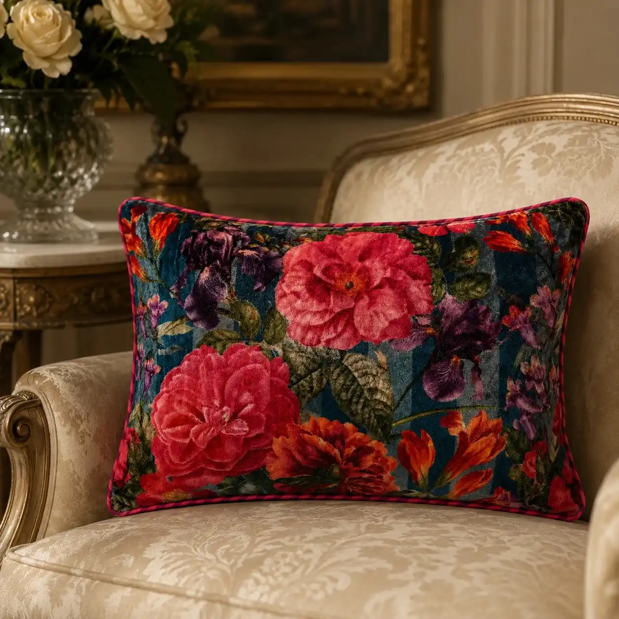 Viscose Velvet Floral Multicolor Cushion W/ Filler: Set of 2, Soft & Premium Look rectangular shape.