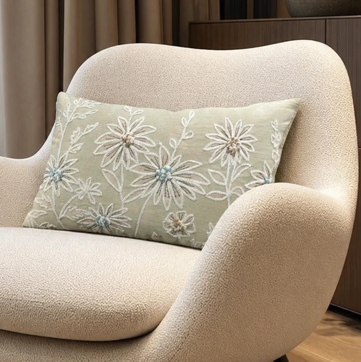 Floral Printed cotton with machine embroidery Cushion W/ Filler: Set of 2 (12 x 24 inches), Elegant pastel threadwork Decorative Pillow