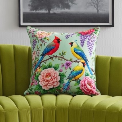 Vintage bird & floral printed velvet cushion W/ Filler: Set of 2 (18 x 18 inches), Soft green dual side design