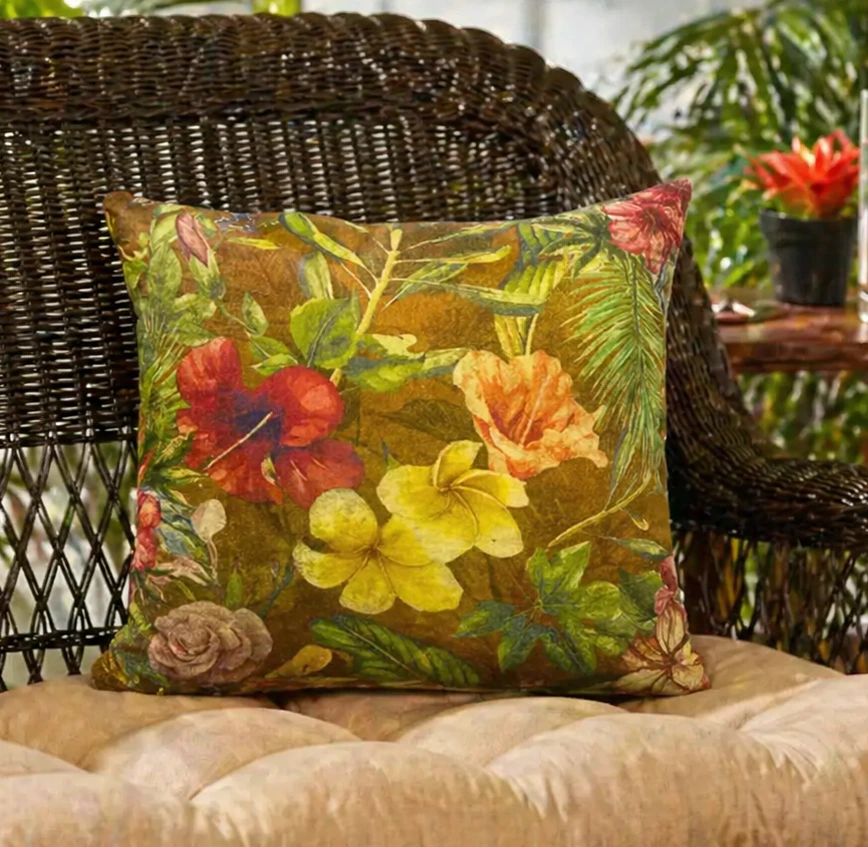 Floral Multicolor Tropical Print Cotton Velvet Cushion W/ Filler: Set of 2 (18 x 18 inch)