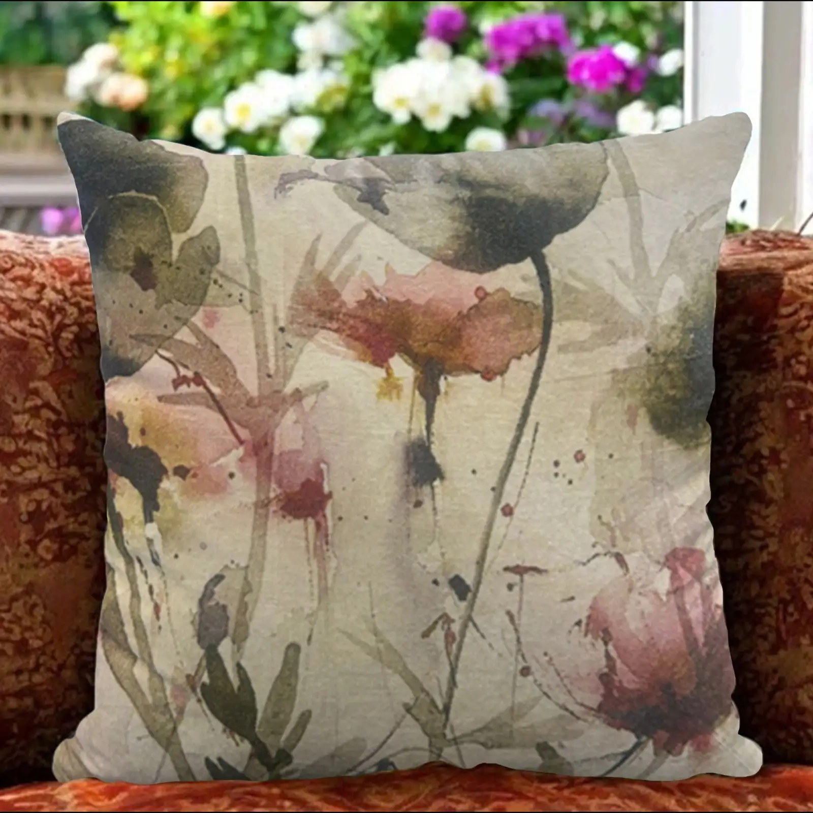 Velvet Abstract Watercolor Floral Print Cushion W/ Filler: Set of 2 (18 x 18 inch)