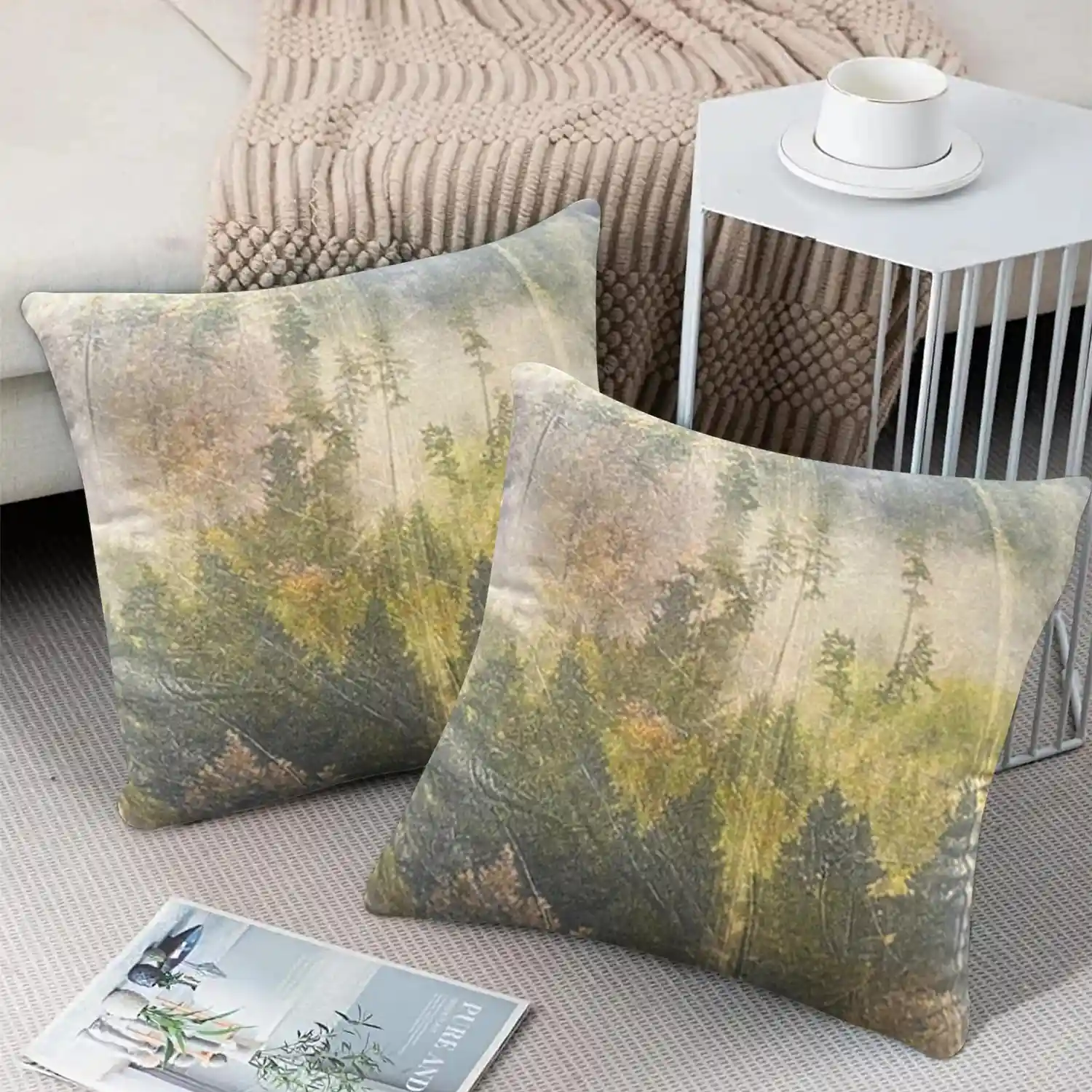Misty Forest Digital Print Cushion W/ Filler: Set of 2 (18 x 18 inch)