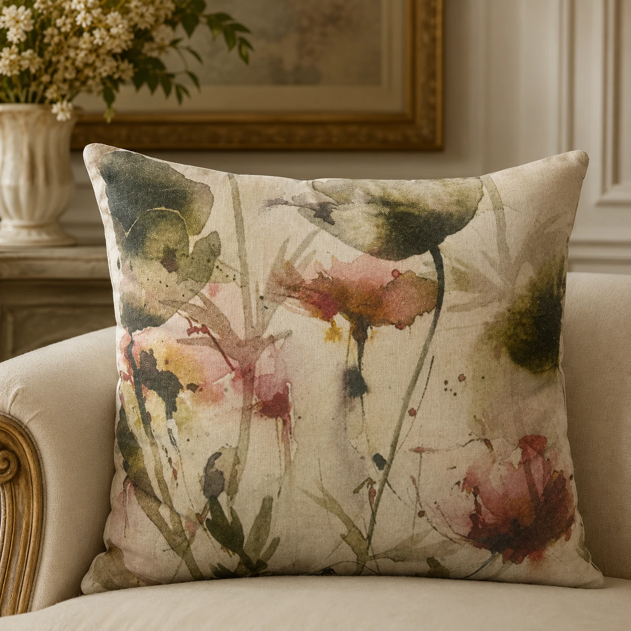 Velvet Abstract Watercolor Floral Print Cushion W/ Filler