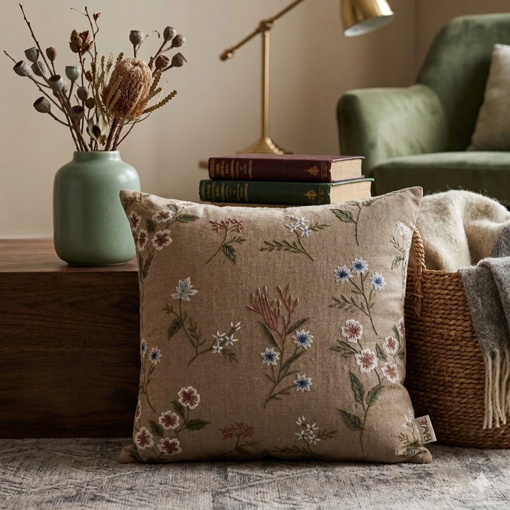 Hand-Embroidered Botanical Linen Throw Pillow