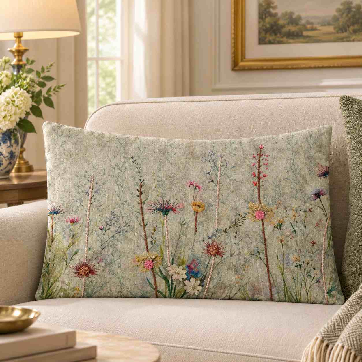 Wildflower Meadow Embroidered Linen Lumbar Pillow Cover