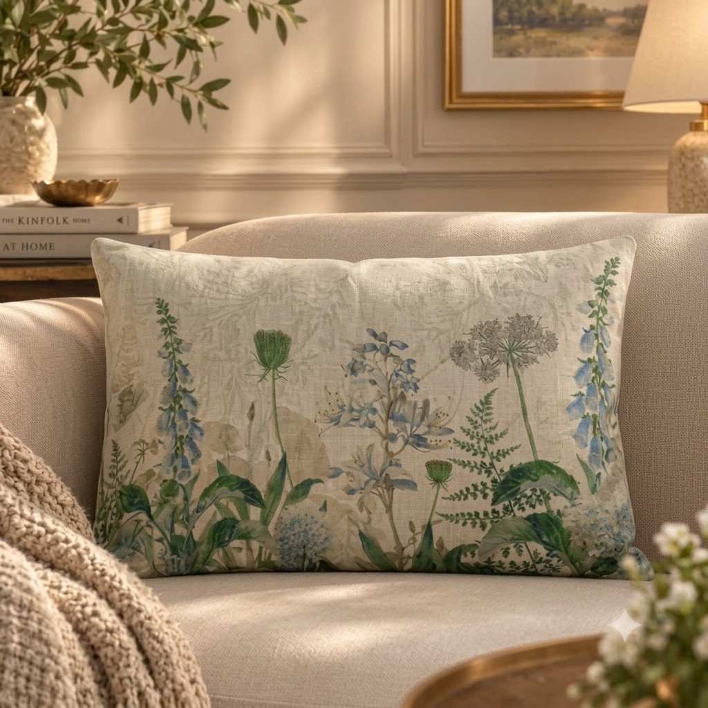 Vintage Blue Wildflower & Fern Linen Lumbar Pillow Cover