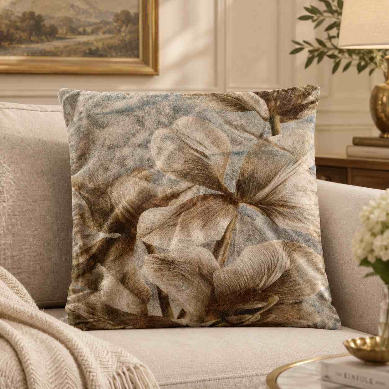 Vintage Floral Shadow Square Throw Pillow Cover