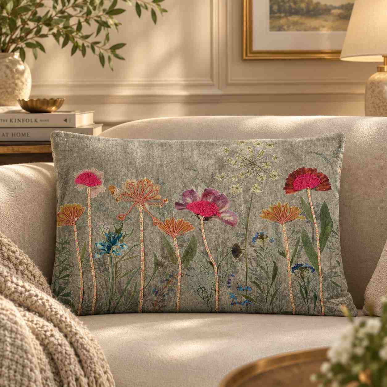 Embroidered Wildflower Meadow Lumbar Pillow / Decorative Throw Pillow Cover