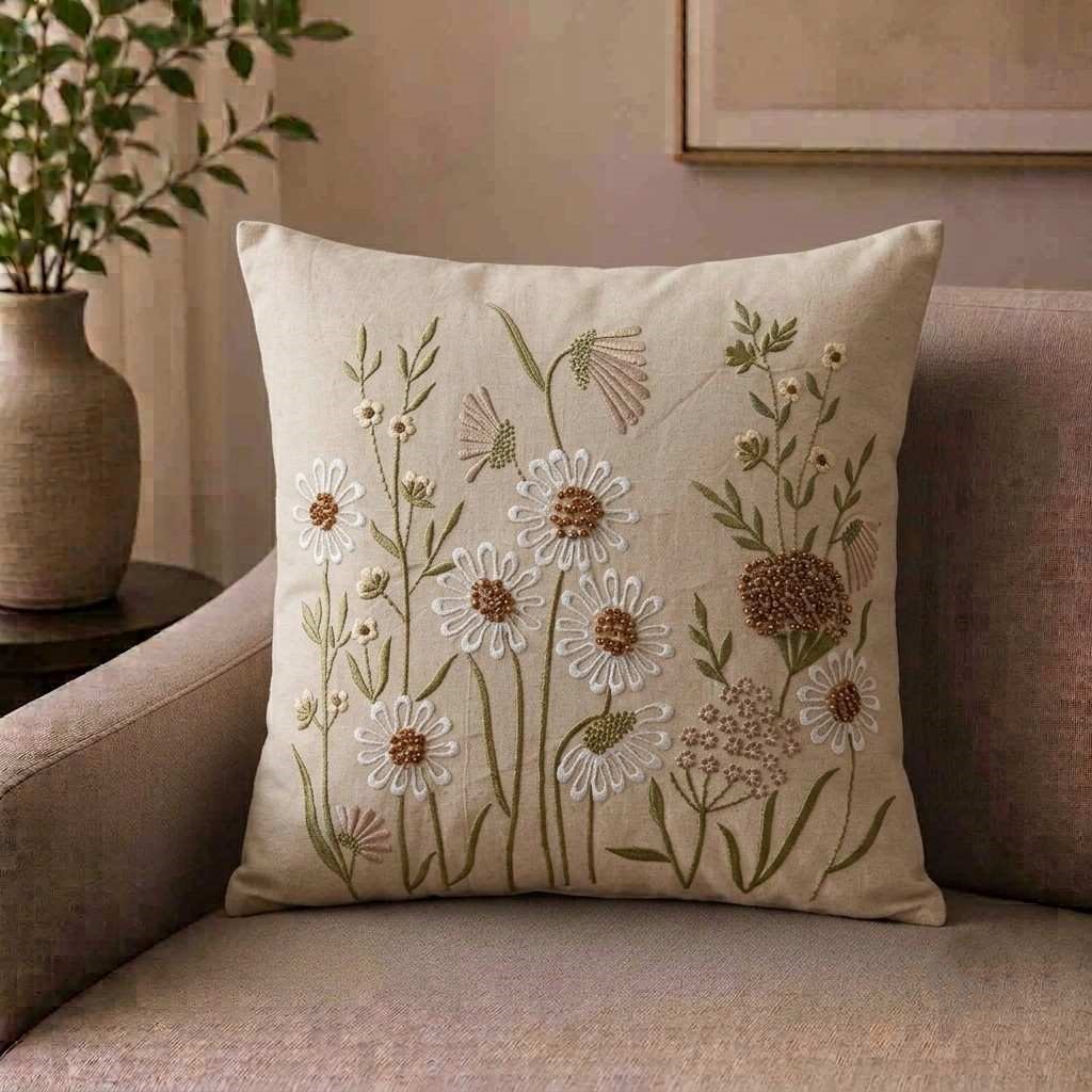 Embroidered Wildflower Linen Cushion Cover / Hand-Embellished Daisy Throw Pillow Cover