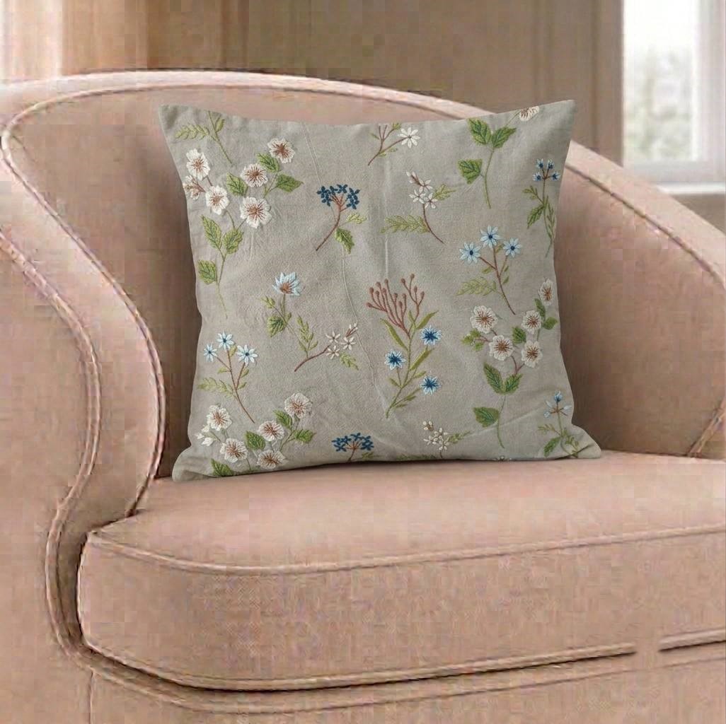 Embroidered Botanical Wildflower Linen Cushion Cover / Floral Sprig Throw Pillow Cover