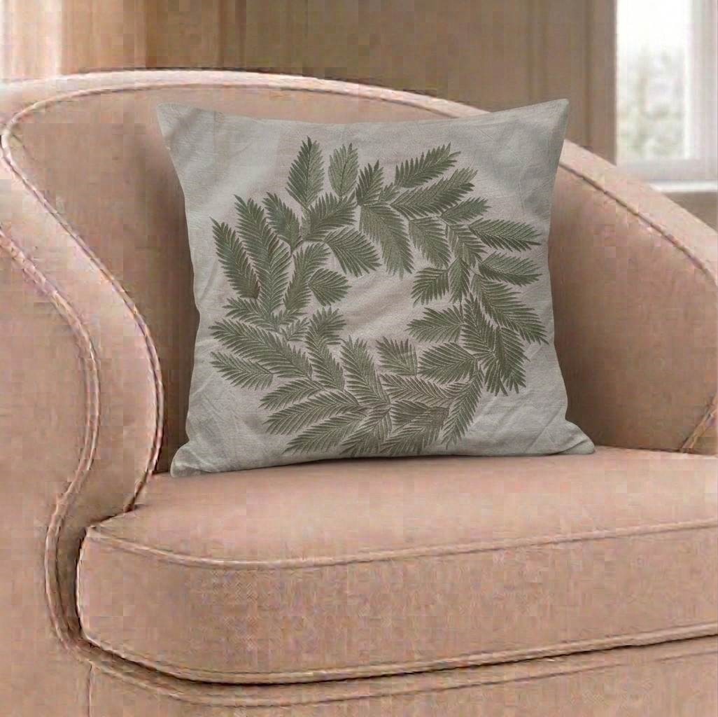 Fern Wreath Embroidered Linen Cushion Cover / Botanical Foliage Throw Pillow Cover