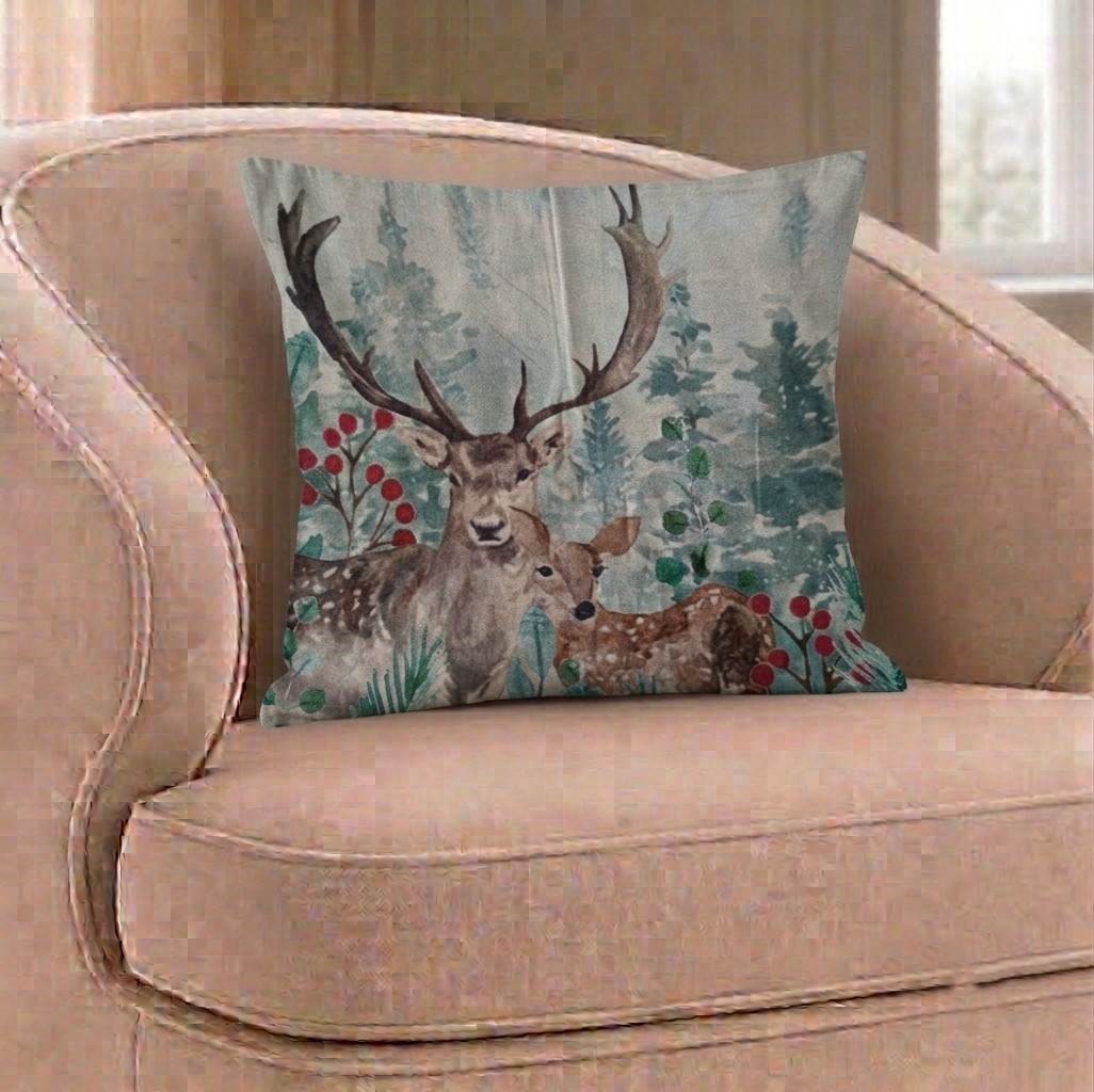 Woodland Deer Family Printed Cushion Cover / Rustic Forest & Fawn Throw Pillow Cover