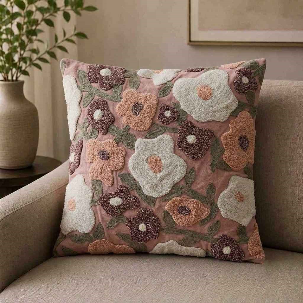 Tufted Floral Blush Cushion Cover / Textured Floral Tufted Throw Pillow Cover