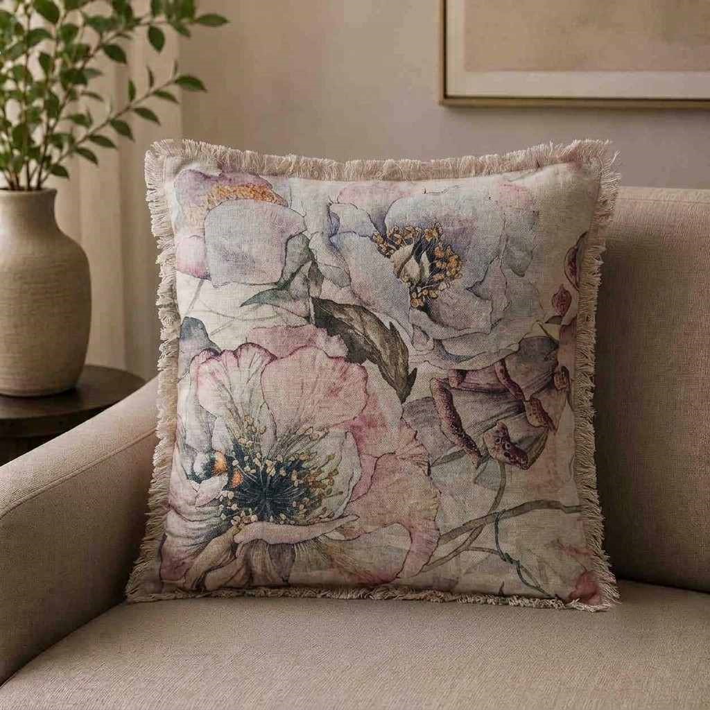 Watercolor Floral Fringe Linen Cushion Cover / Boho Peony Print Throw Pillow Cover
