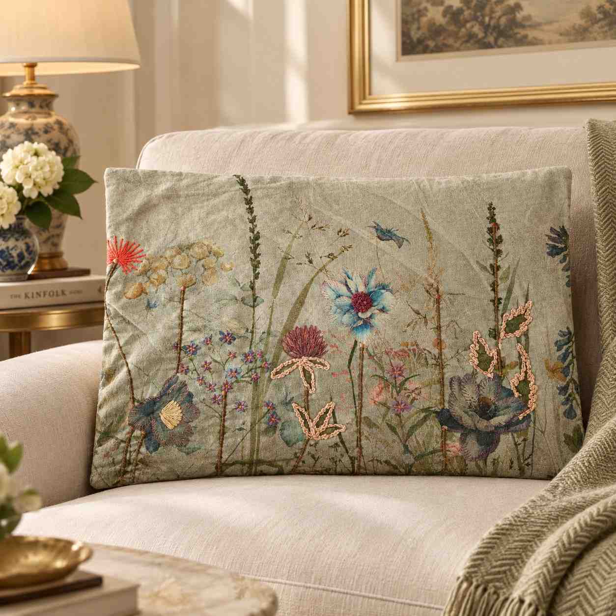 Vintage Botanical Floral Embroidered Lumbar Pillow Cover