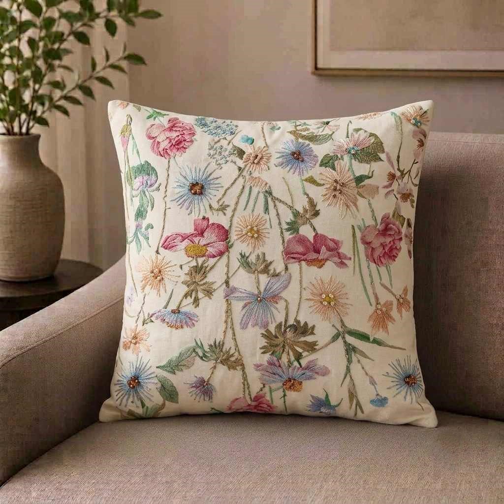 Embroidered Wildflower Garden Linen Cushion Cover / Vibrant Floral Meadow Throw Pillow Cover