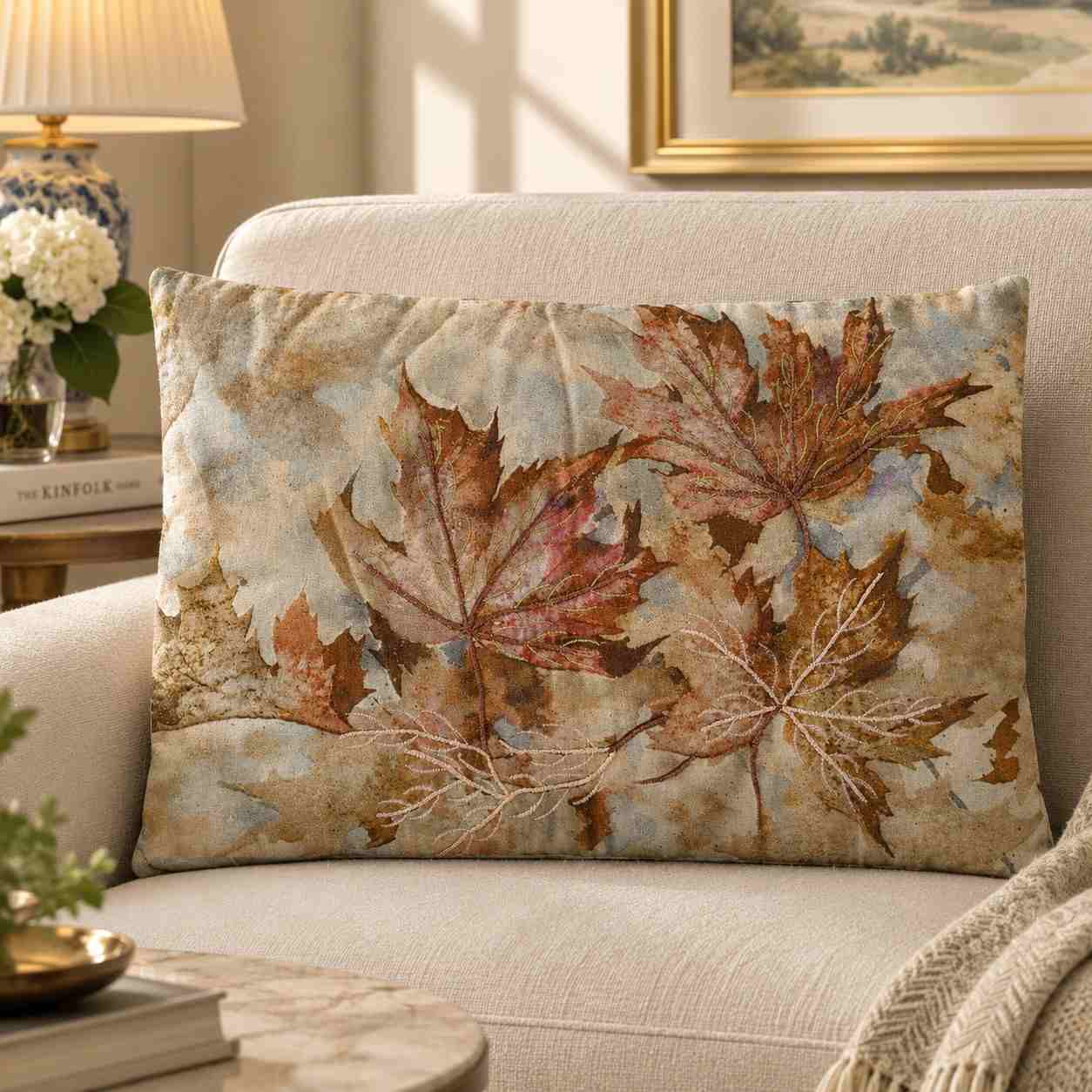 Autumn Maple Leaves Embroidered Lumbar Pillow Cover