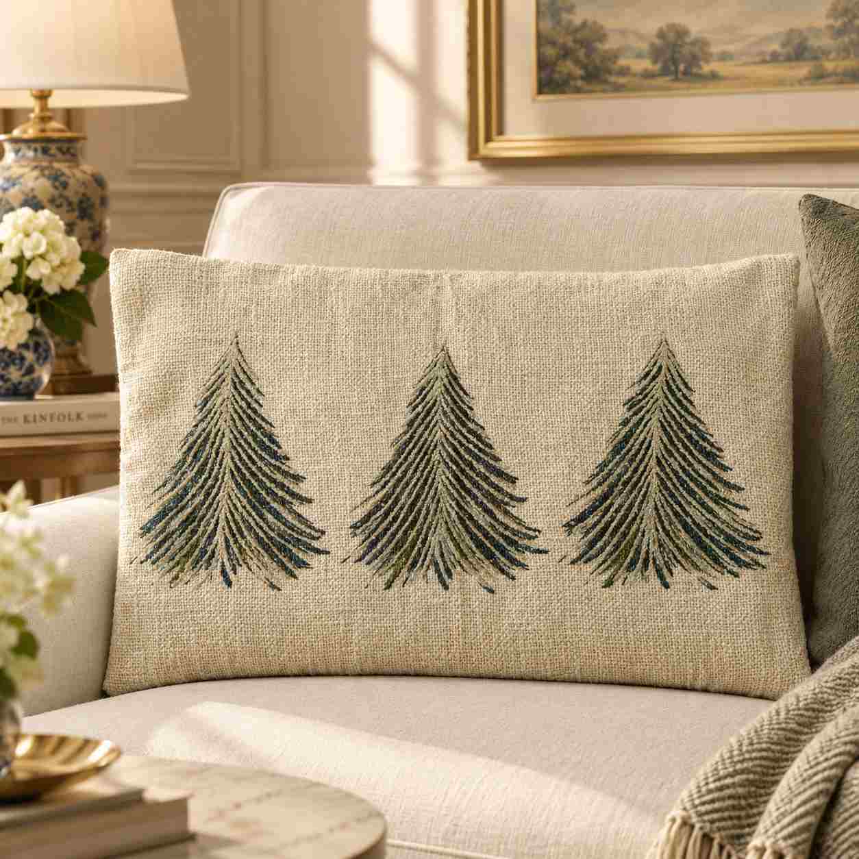 Embroidered Pine Trees Linen Lumbar Pillow Cover